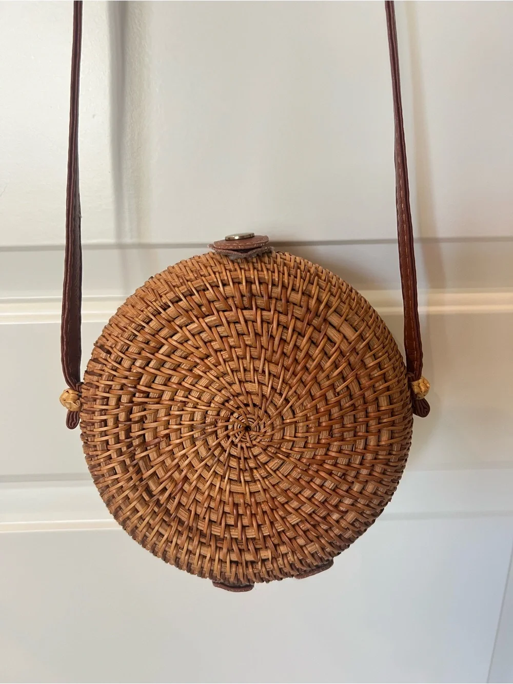 Round Rattan Woven Crossbody Bag in Brown